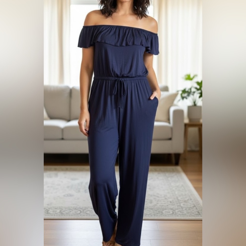 VENUS Navy Off-Shoulder Jumpsuit